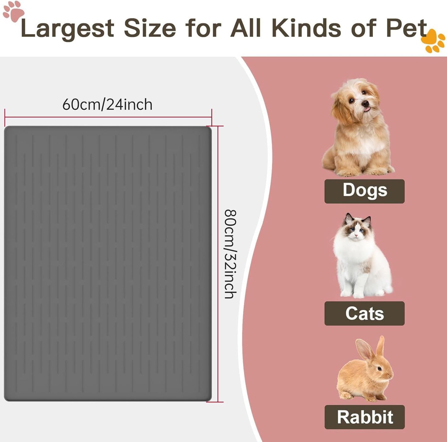 Large Dog Mats for Food and Water, 32"x24" Waterproof Pet Food Mats for Floor Nonslip Silicone Bowl Mats with Raised Edges