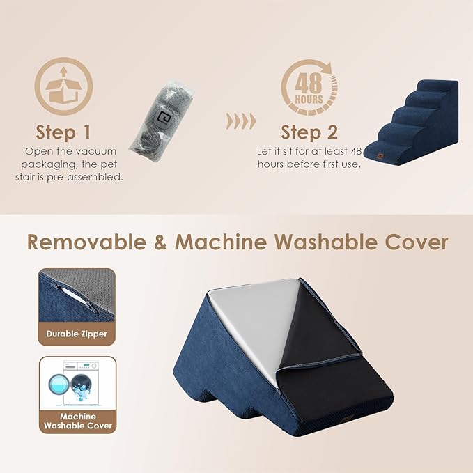 EHEYCIGA Curved Dog Stairs Ramp for High Beds 22.6" H, 5-Step Dog Steps for Small Dogs and Cats, Pet Stairs for High Bed Climbing, Non-Slip Balanced Pet Step Indoor, Navy