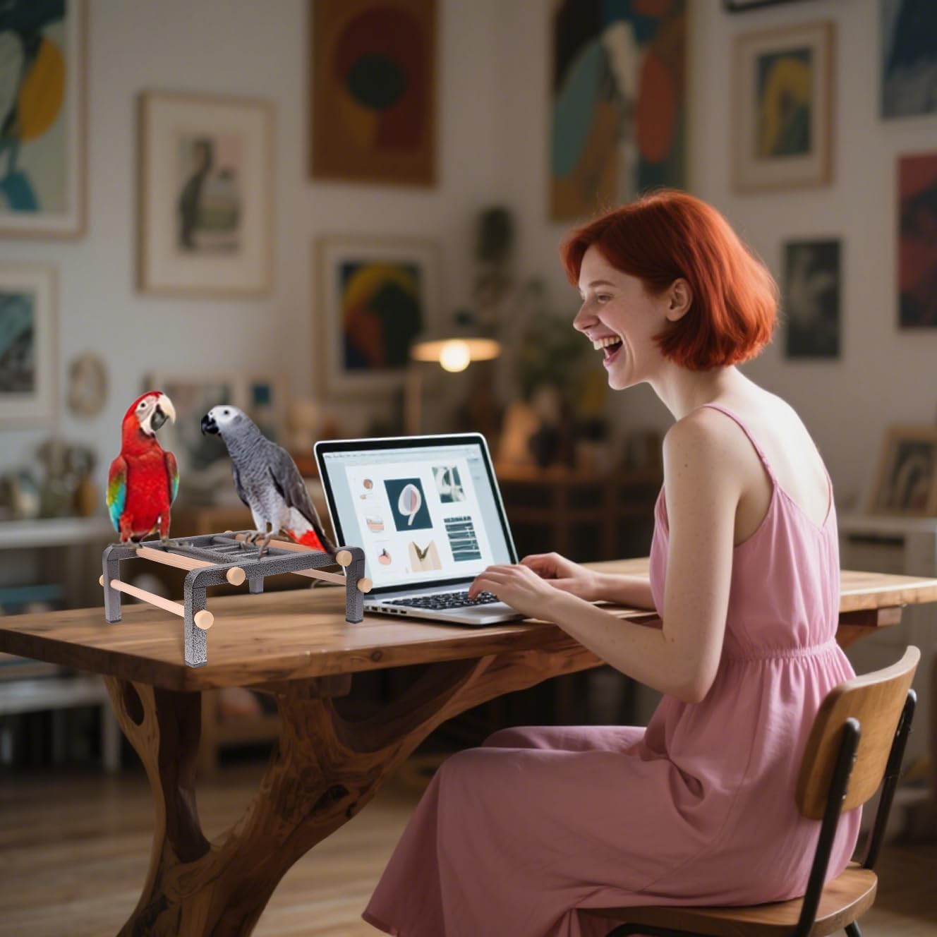 Large Bird Table Training Perch for African Grey Macaw Amazon Parrot, Heavy-Duty Metal Ladder No Tool Install Rustproof Bird Roosting Wooden Bars for Exercise and Play Climb for Fun