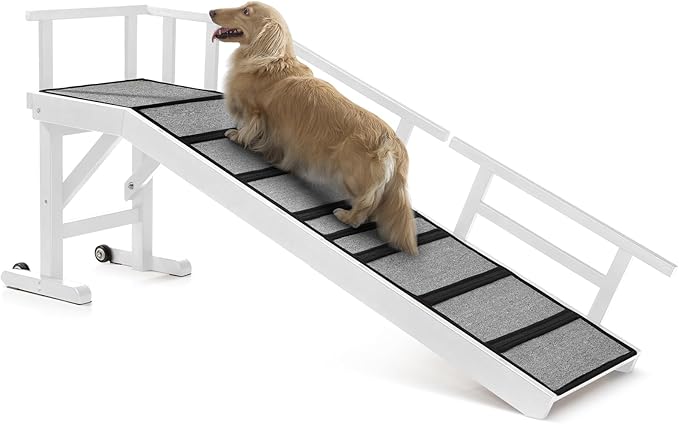 Dog Ramp for Bed or Couch, Wooden Pet Ramp with 20° Gentle Slope, Removable Side Rails, Non-Slip Surface, Top Platform & Wheels, Safe Bed Ramp for Small, Medium & Senior Dogs, 60" Long, White