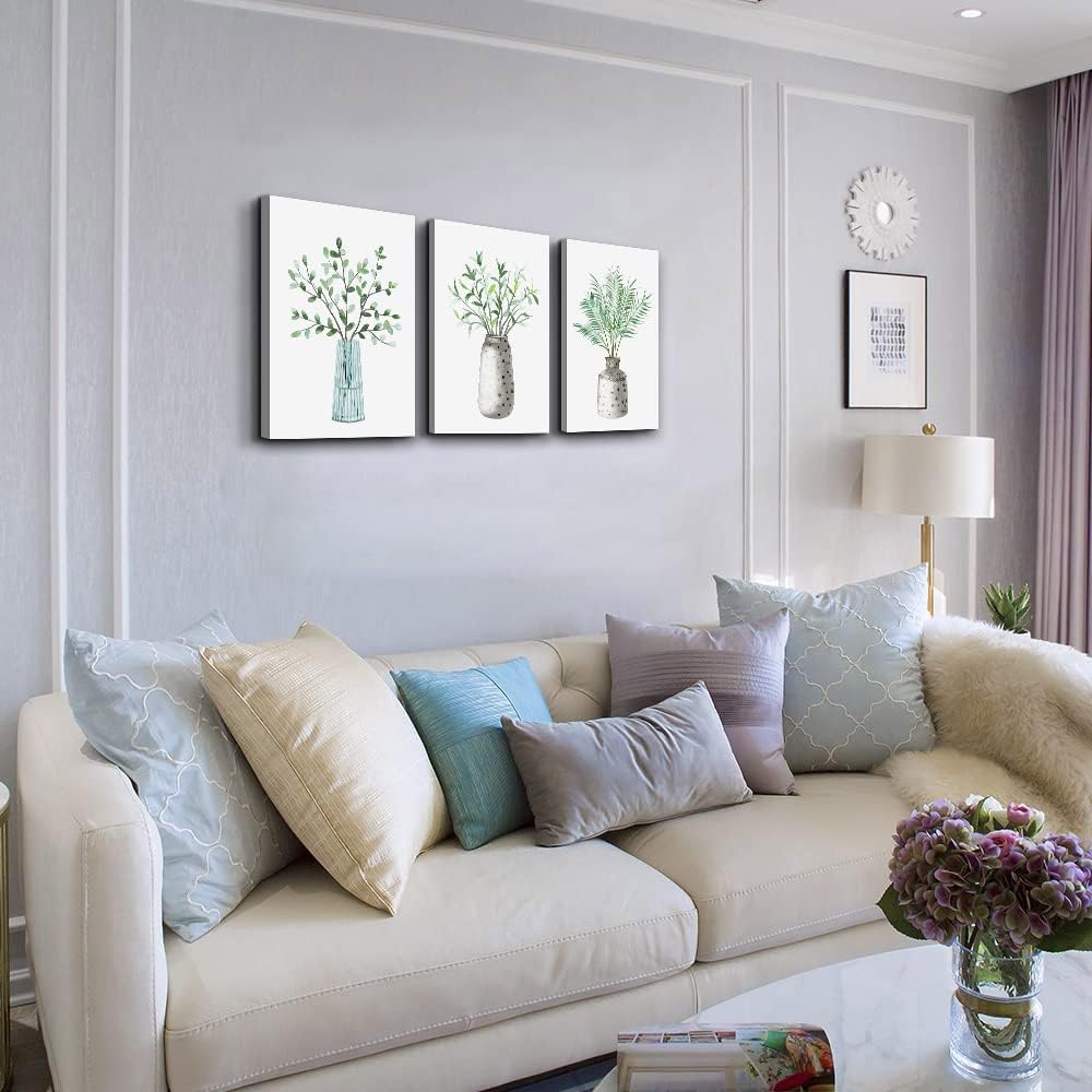 AHUASJART Canvas Wall Art Paintings For Kitchen Dining Room Large Size Wall Decor Living Room Wall Decoration For Bedroom Office Decor Green Leaf Vase Wall Pictures Artwork For Home Walls 3 Piece