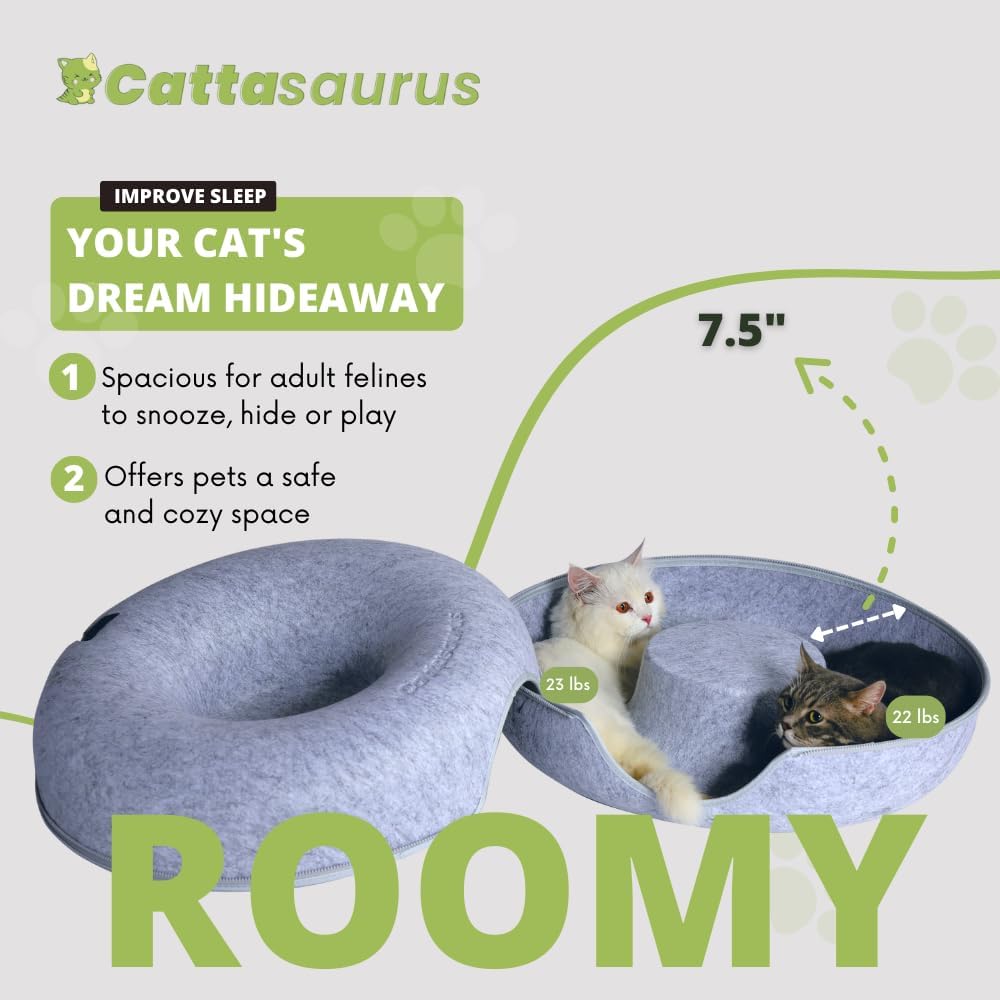 CATTASAURUS Peekaboo Cat Cave for Multiple & Large Cats Up to 30-45 Lbs, Scratch Detachable & Washable Tunnel Bed, Comfy Donut Cat Cave (Light Gray + Light Gray, Large)