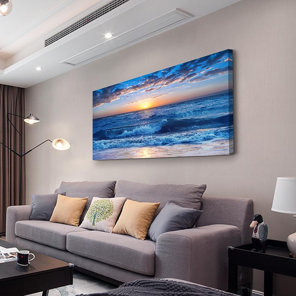 Lapremoly Large Wall Art For Living Room Canvas Wall Decor For Office Bedroom Wall Decorations Blue Ocean Beach Wall Painting Sunny Sea View Wave Wall Pictures Artwork Hotel Home Decor 30" X 60"