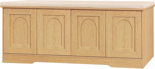 DINZI LVJ Shoe Bench, Entryway Storage Bench with Doors, Cushion, 2-Tier Shoe Rack with 8-Cubby, 47.2”L x 13.8”W Shoe Organizer Cabinet, Adjustable Shelf, Living Room, Bedroom Natural