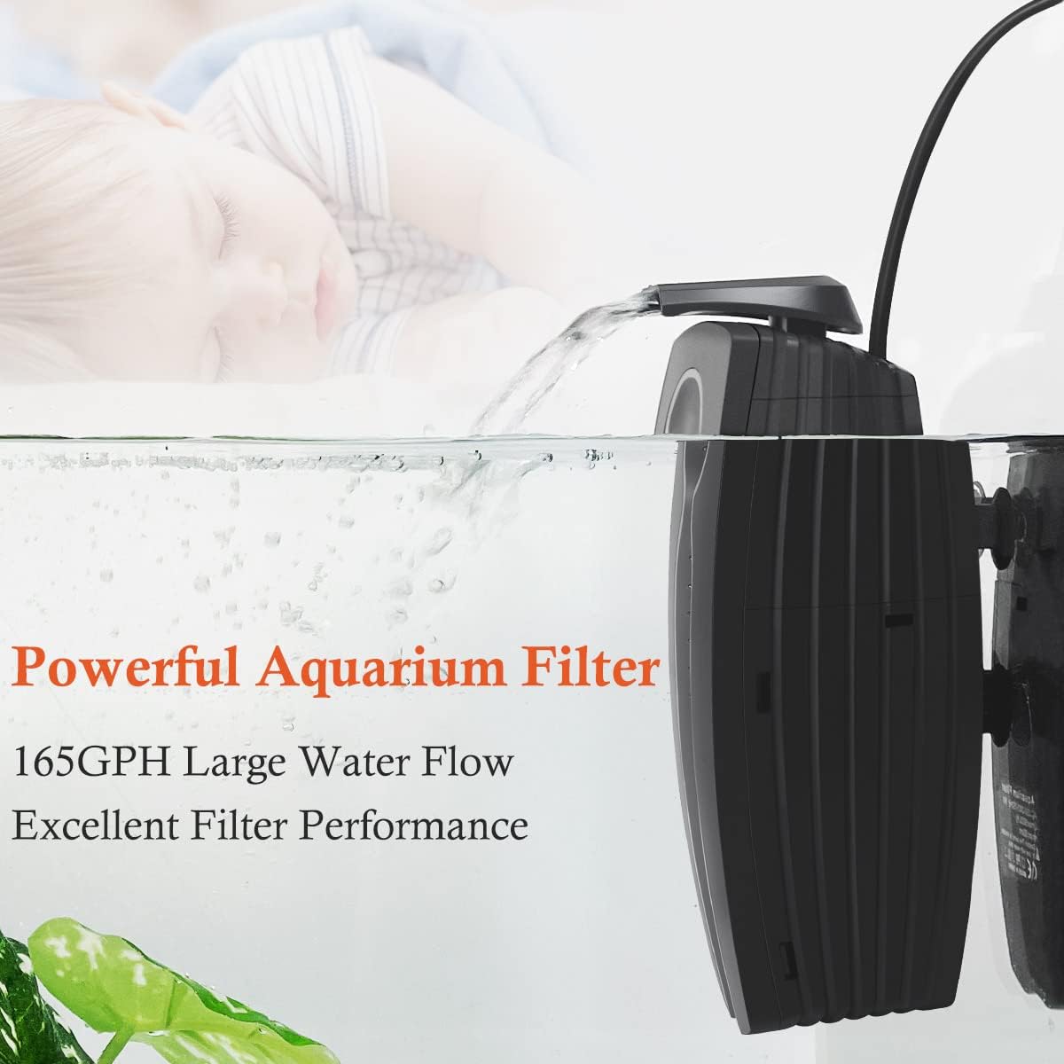 FEDOUR 165GPH Aquarium Filter U-V, 8W Adjustable Fish Tank Filter, U-V Submersible Internal Filter for 10-50 Gallon Tank, with Biochemical Cotton