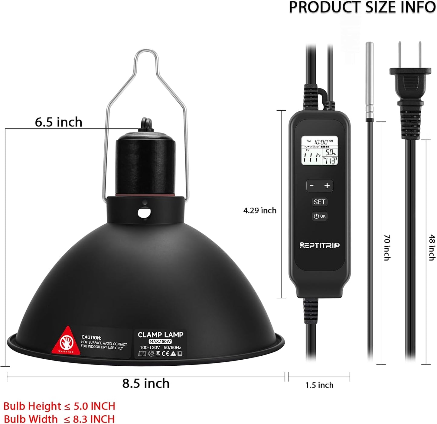 8.5 Inch Day-Night Thermostatic Reptile Heat Light Fixture - Heat Lamp Temperature Controller for Bearded Dragons, Snakes & Lizard – Bulb Not Included (Max 150W)