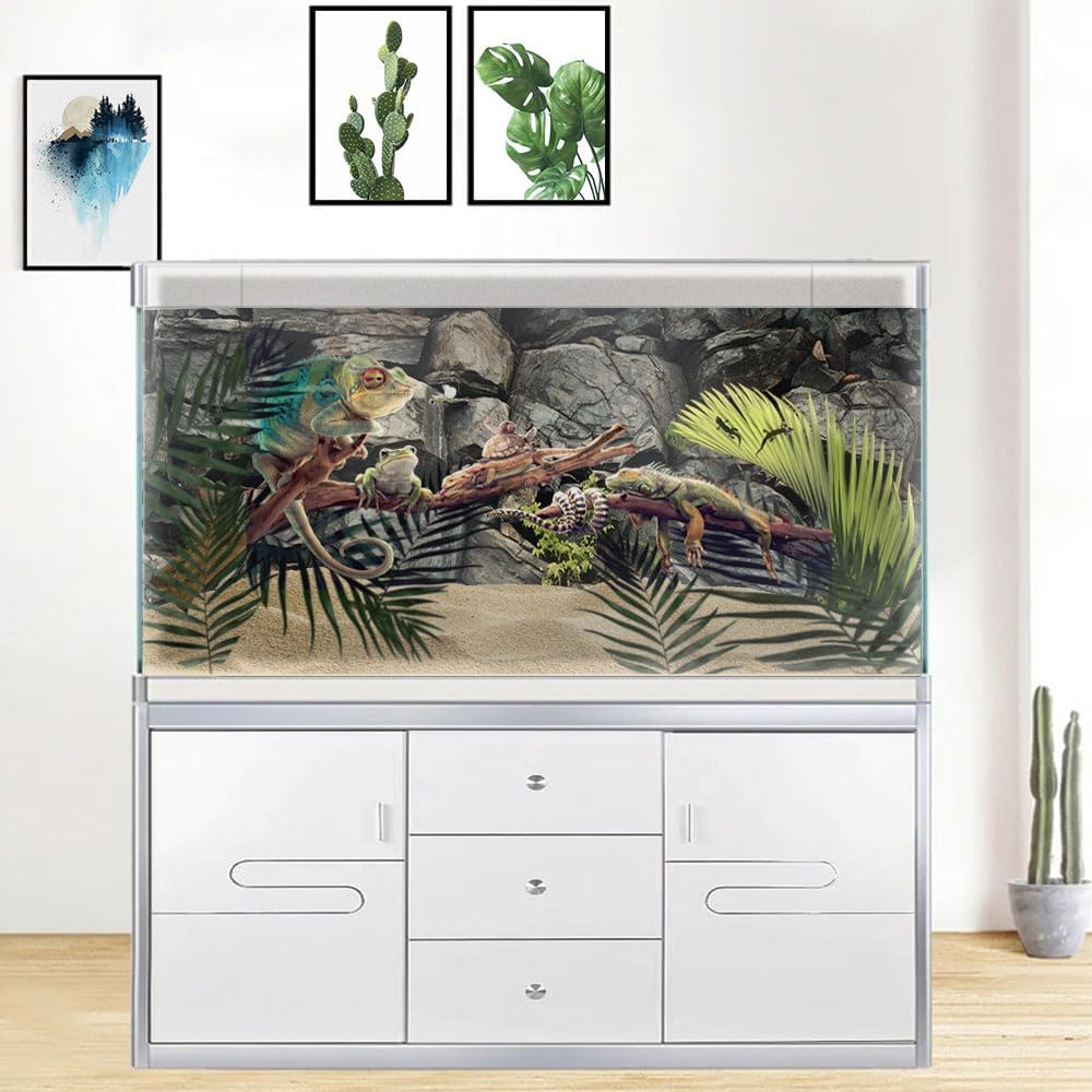 36X20IN Stone Aquarium Background, Rock Fish Tank Background, Natural Rocky Glass Terrarium Background with 8 EVA Double-Sided Tape
