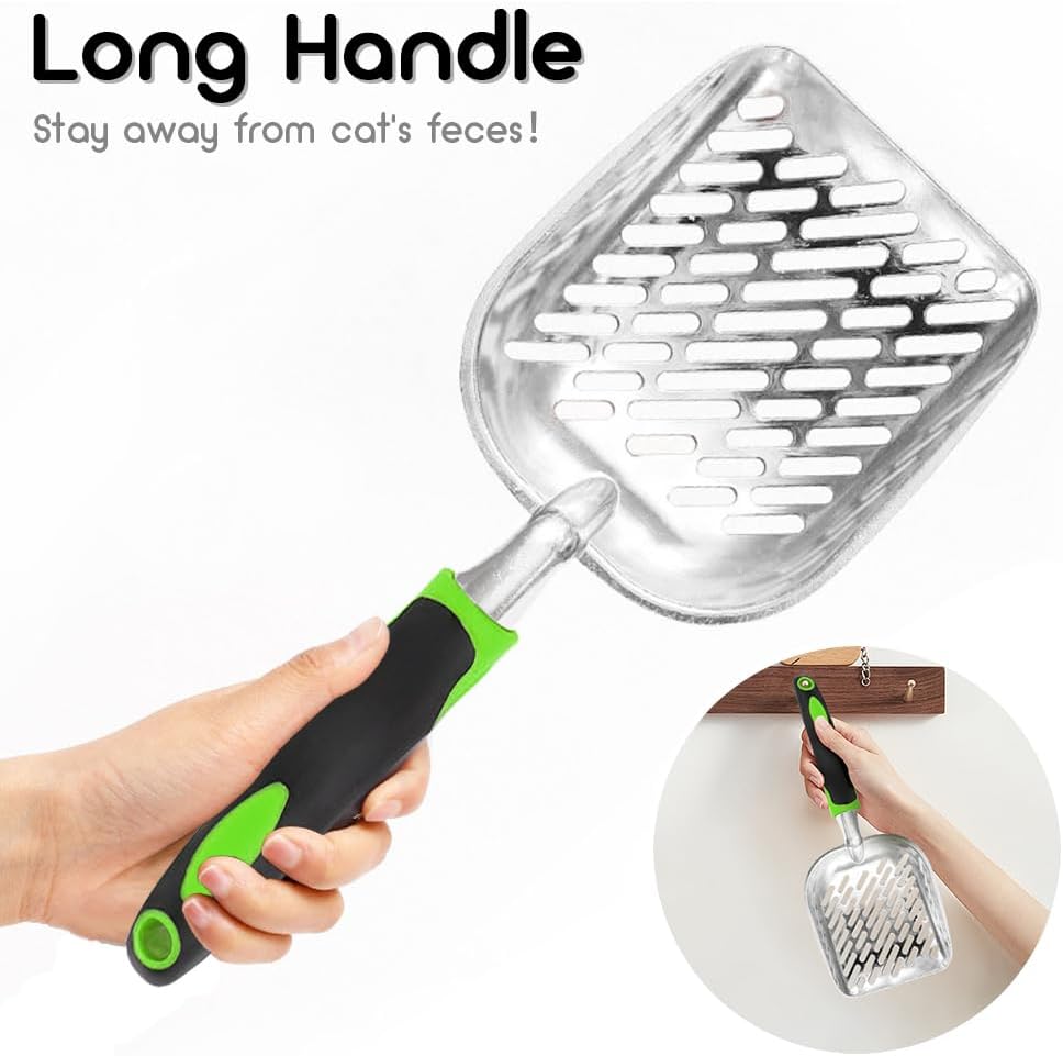 Cat Litter Scoop-Metal Cat Scooper-Long Handle Scoop,Cat Scooper-Poop Sifting-Mesh Shovel-Suitable for Cat Litter Box(Green)