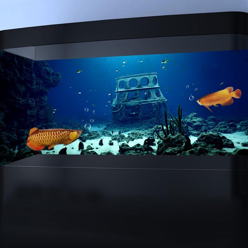 48X18IN Natural Underwater Aquarium Background, Pictures 3D Fish Reef Fish Tank Decoration Background, with 8 EVA Double-Sided Tape