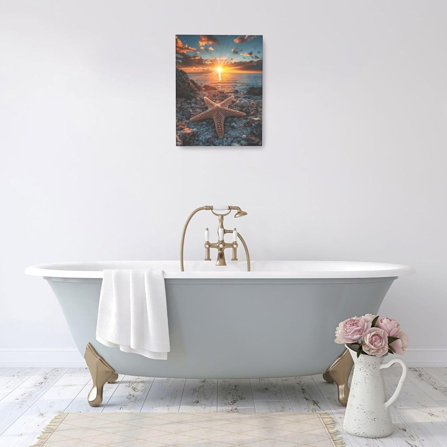Beach Starfish Wall Decor Ocean Starfish Wall Art Sunset Scenery Coastal Theme Pictures Canvas Nature Seascape Painting Print Framed Artwork Decorations for Home Bathroom Living Room Bedroom Office 16"x20"