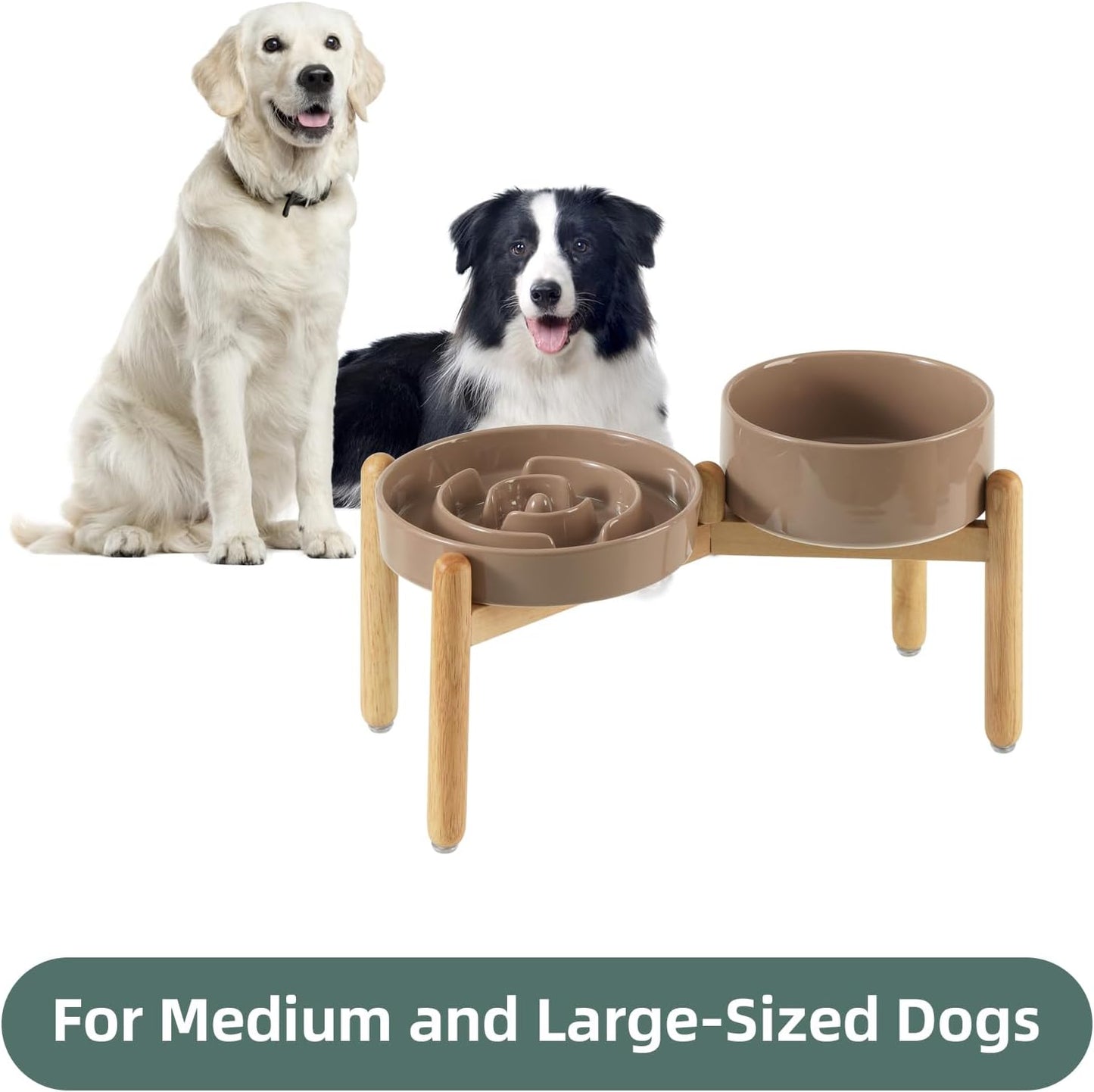 Ceramic Raised Slow Feeder Dog Bowl Set, Elevated 7.3inch Bowl and 8.2inch Puzzle Slow Dish with Wooden Stand for Medium and Large Dog, Anti-Gulping (2X Brown Coffee+ Stand)