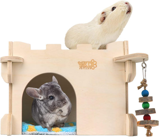 YKD Castle Chinchilla House - Small Animal Hideout for Chinchilla Guinea Pig Hedgehog, or Rat - Ventilated Wooden Guinea Pig Hut Habitat with Multiple Doors (Medium)