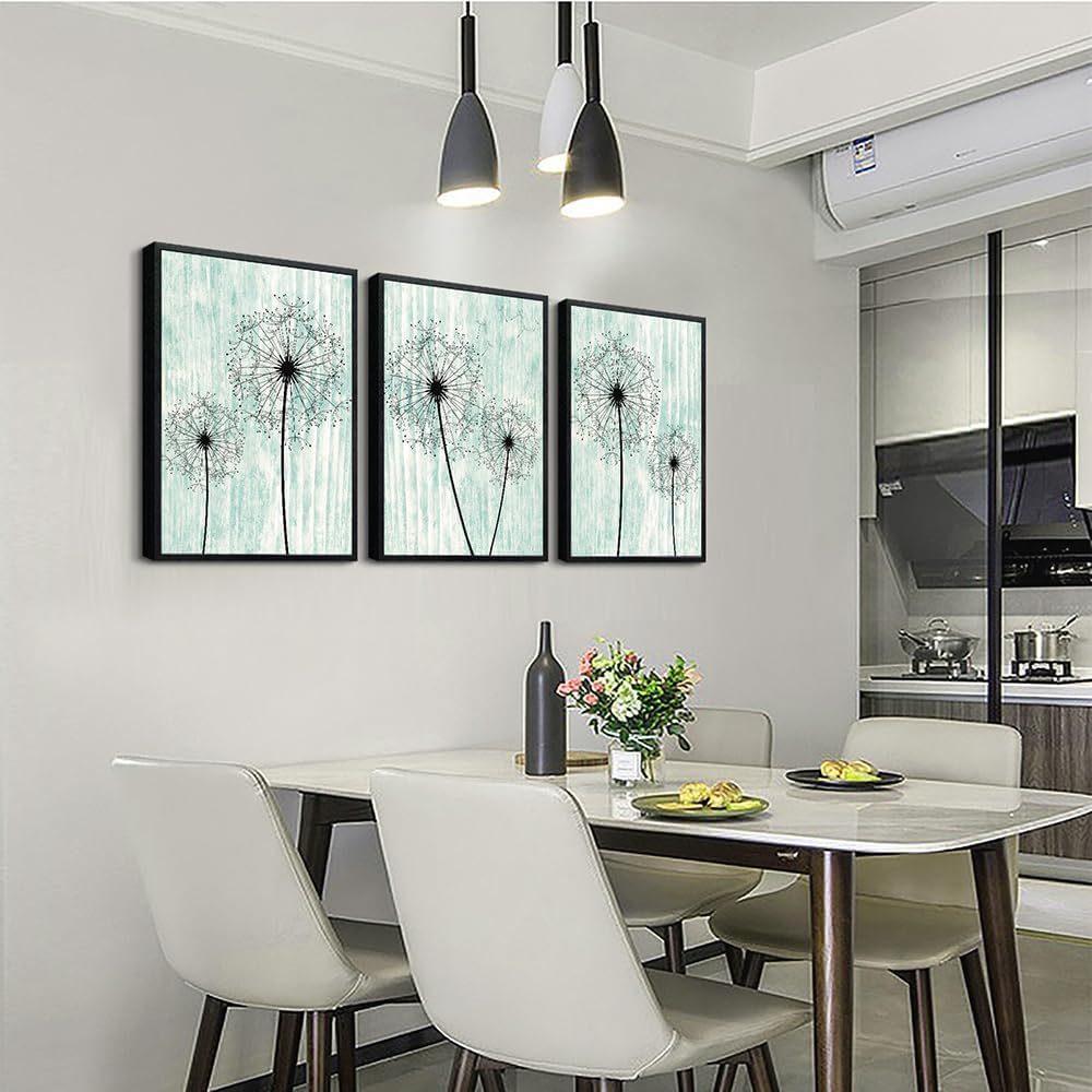 AHUASJART Black Framed Wall Art for Living Room Wall decor for Bedroom Room Decor light green background Pictures Dandelion Paintings posters kitchen Home Decorations 3 Piece Framed Prints Artworks