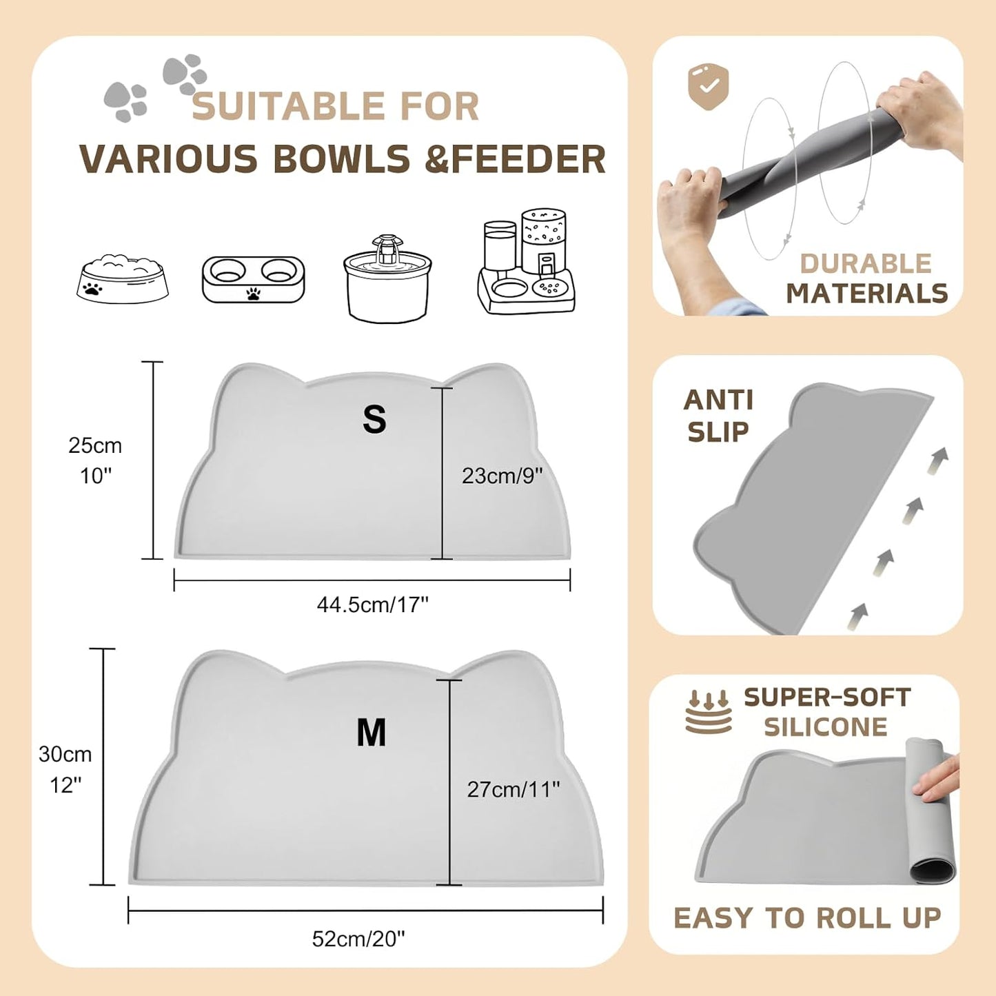 Cat Food Mat, Silicone Pet Feeding Mat for Floor Non-Slip Waterproof Dog Water Bowl Tray Cushion (17" x 10", MARRS Green)