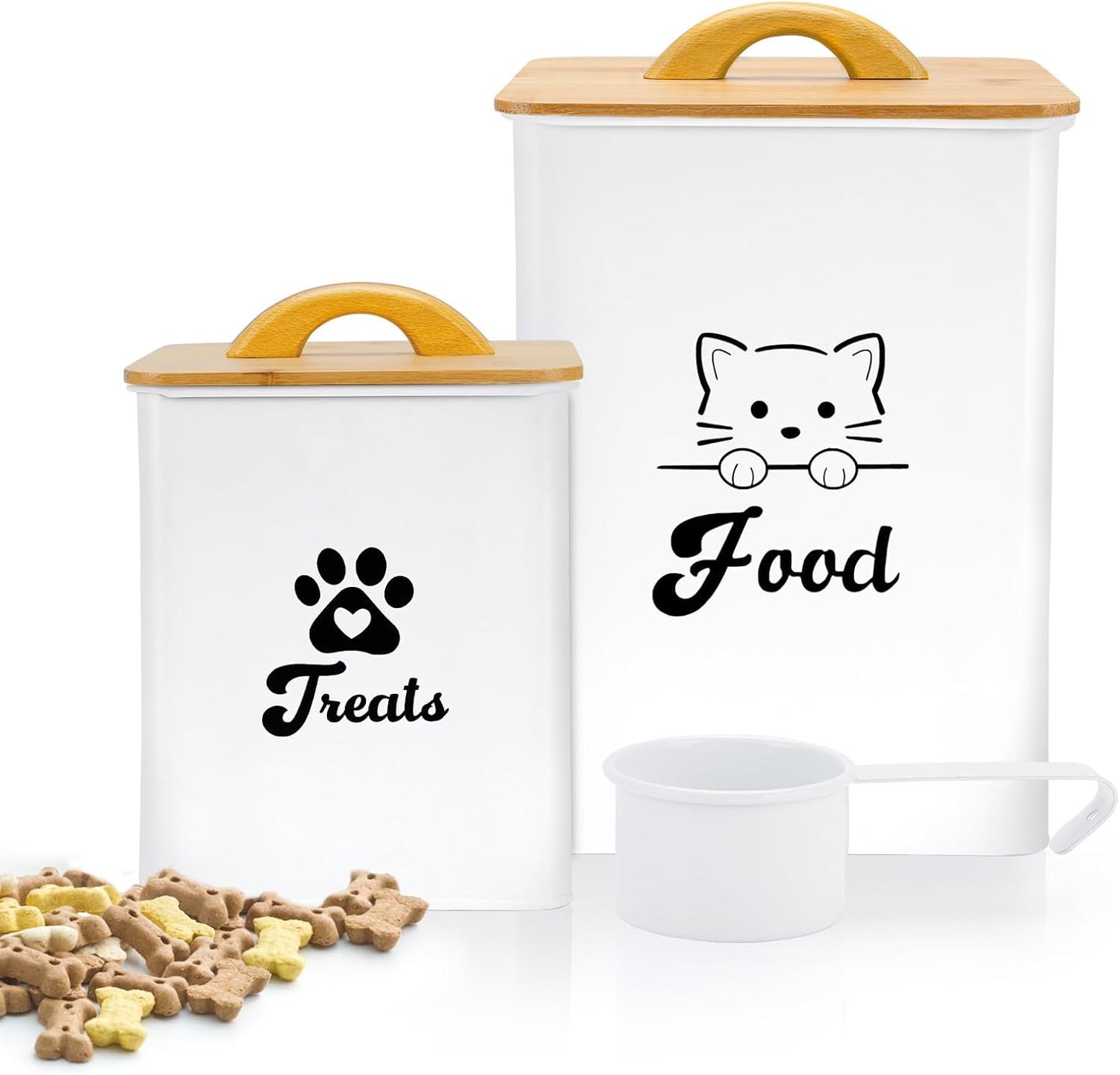 Cat Food Storage Container with Scoop, 2PCS Cat Food Storage Container with Lids Airtight, Cat Treat Jars for Kitchen Counter-7+3Lbs, Cat Cookie Jar for Storage, White