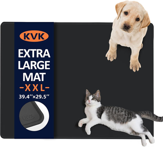 KVK Dog Food Mat, 39.4×29.5in Extra Large Silicone Pet Feeding Mat - Waterproof, Non - Slip, Chew - Resistant for Food & Water, Protect Floors (Charcoal)