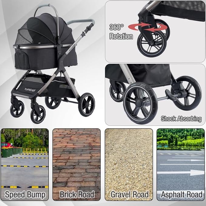 Pet Stroller for Small Medium Dogs, Cat Carriage Travel System Four Wheel Dog Stroller with Carrier, Zipperless Entry/Cup Holder/Storage Basket