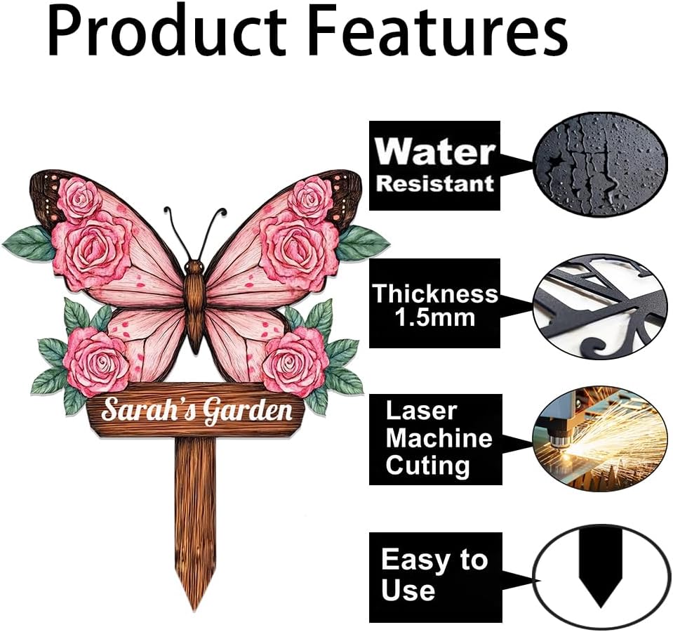 Personalized Butterfly Metal Sign with Stake,Custom Gardener Last Name Signs Outdoor Decorate,Customized Garden Accessories Decor for Mother's Day,Rose Flowers Plaques for Patio Lawn Porch Backyard