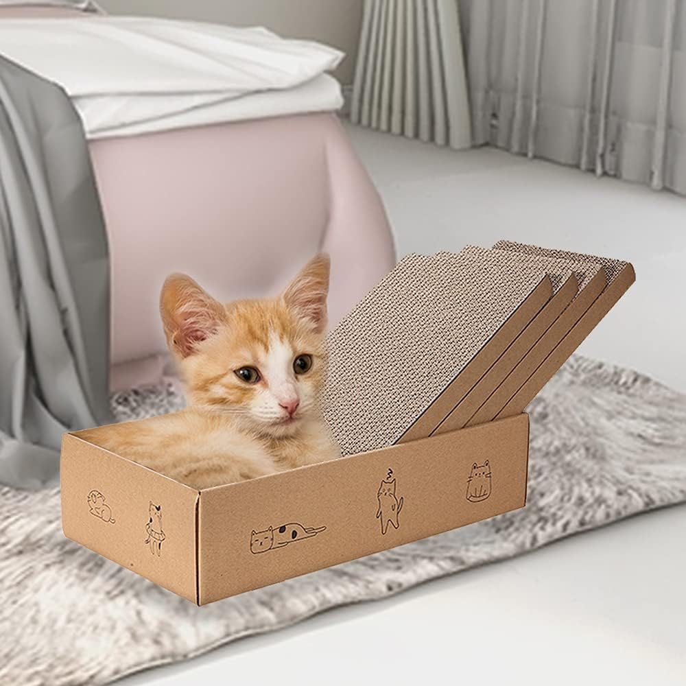 4 Packs in 1 Cat Scratch Pad with Box, Cat Scratcher Cardboard,Reversible,Durable Recyclable Cardboard, Suitable for Cats to Rest, Grind Claws and Play with Scratch Box