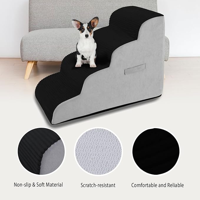 High Density Foam Dog Stairs Steps, Non-Slip Extra Wide Deep Pet Steps for Beds Or Couches, for Injured or Older Pets Dogs and Cats with Joint Pain (4-Tiers (Black))