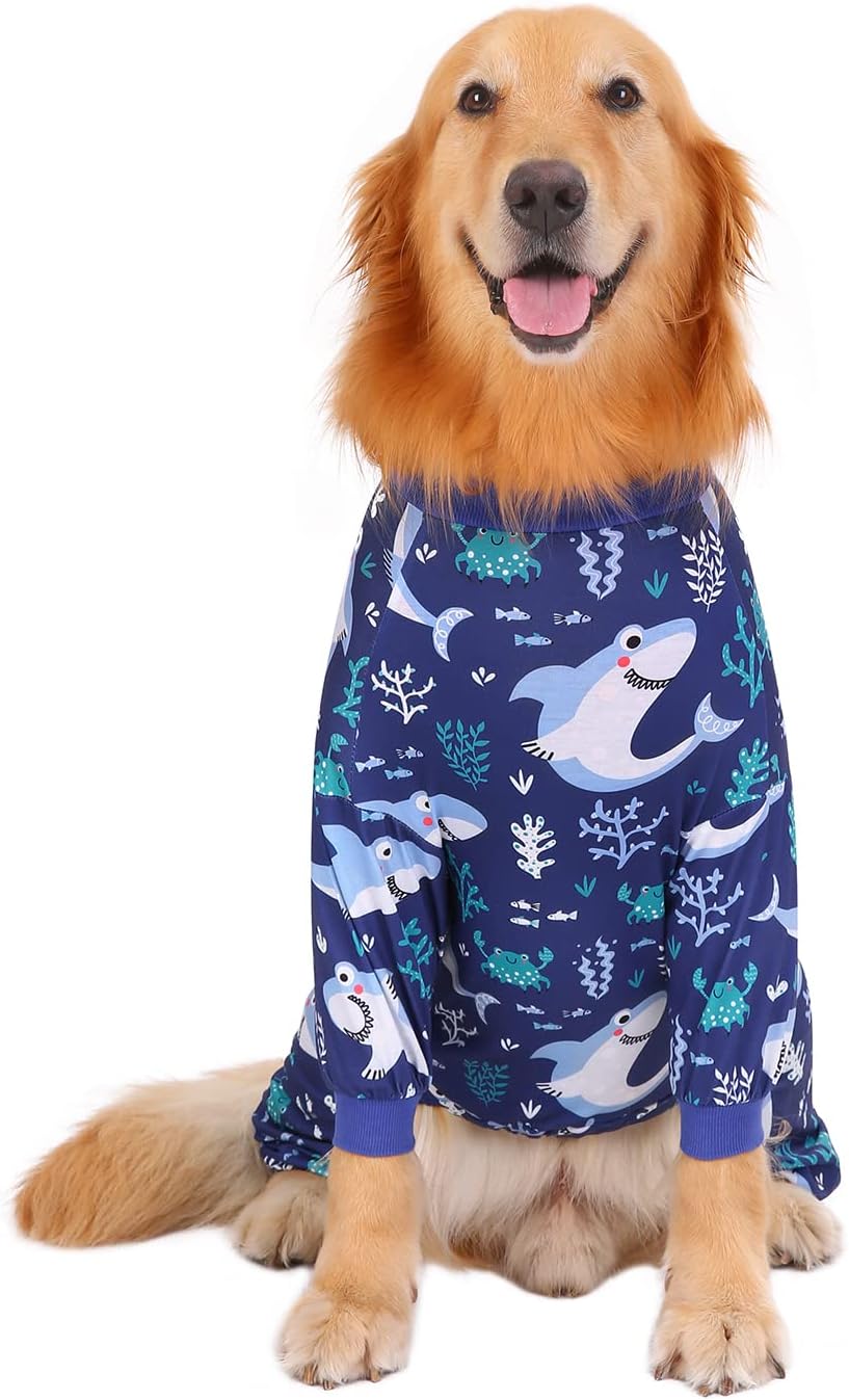 HDE Dog Pajamas One Piece Jammies Jumpsuit Pet Clothes Outfit Stretchy Lightweight Comfy Shirt Pjs for M-3XL Dogs Sharks - L
