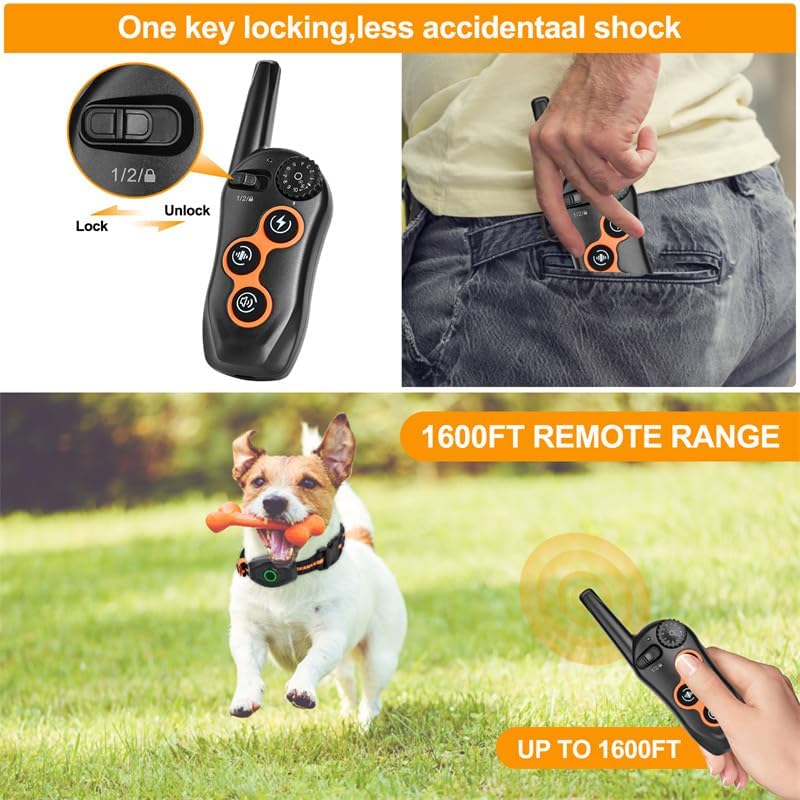 Dog Shock Collar with Remote Control,1300Ft,IP67 Waterproof Dog Training Collar with 3 Training Modes, Beep, Shock, Vibration,Safe Lock for Small, Middle,Large Dogs (Orange-O)