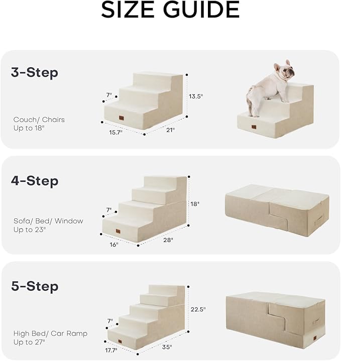 Made4Pets Dog Stairs for Small Dogs, Extra Wide Dog Steps for Bed Couch Sofa and Chair, 35D Foam Pet Steps for Small Dogs and Cats, Non-Slip Bottom Pet Stairs, Beige, 3 Steps