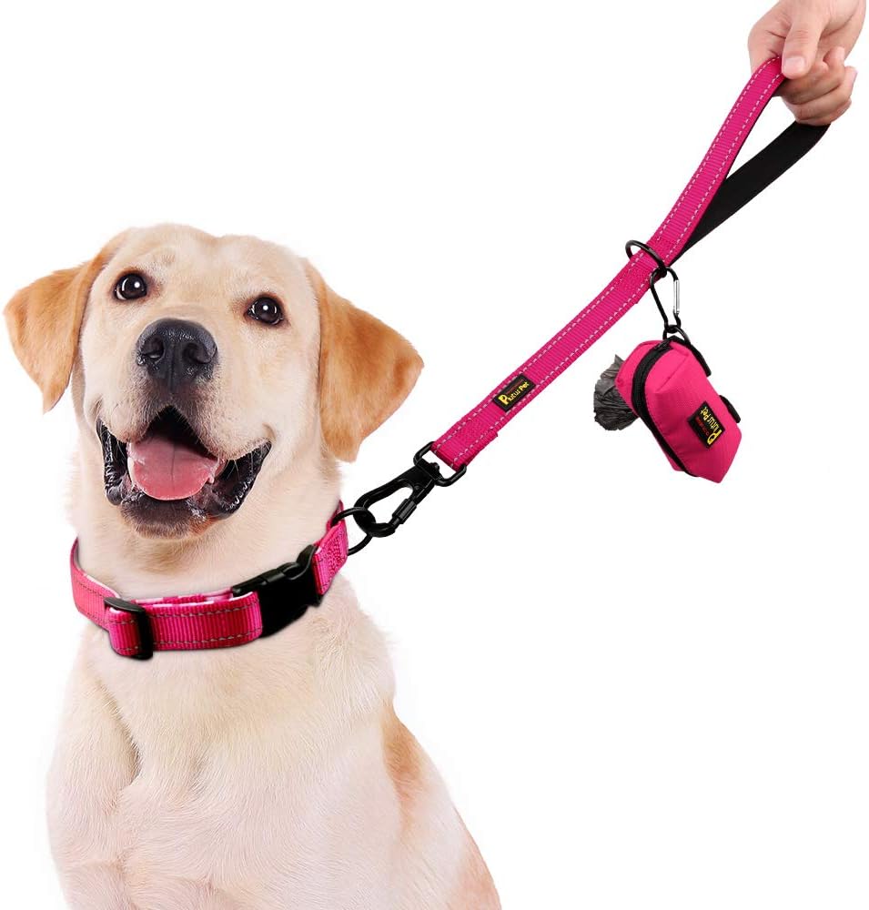 PLUTUS PET Short Training Dog Leash with Padded Handle for Medium Large Big Dogs,18 Inch Heavy Duty Strong Traffic Leash with Carabiner Clip for Climbing Walking or Guiding Blind（18”，Pink