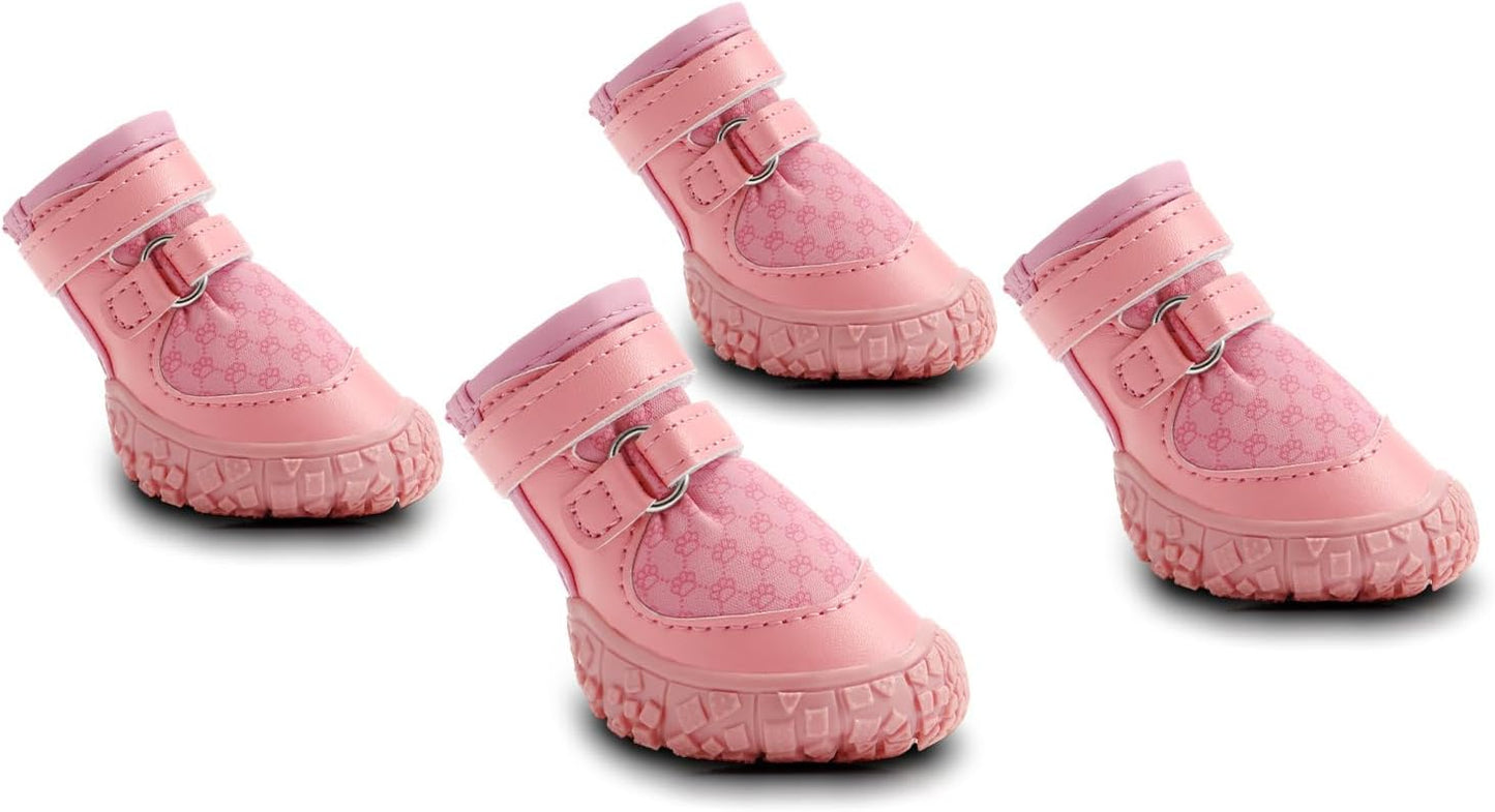 Dog Shoes for Small Dogs, Double Binding Straps Puppy Boots & Paw Protectors for Summer Hot Pavement, Winter Snow, Dog Booties with Anti-Slip Rubber Soles for Beach Hardwood Floor Pink Size 1