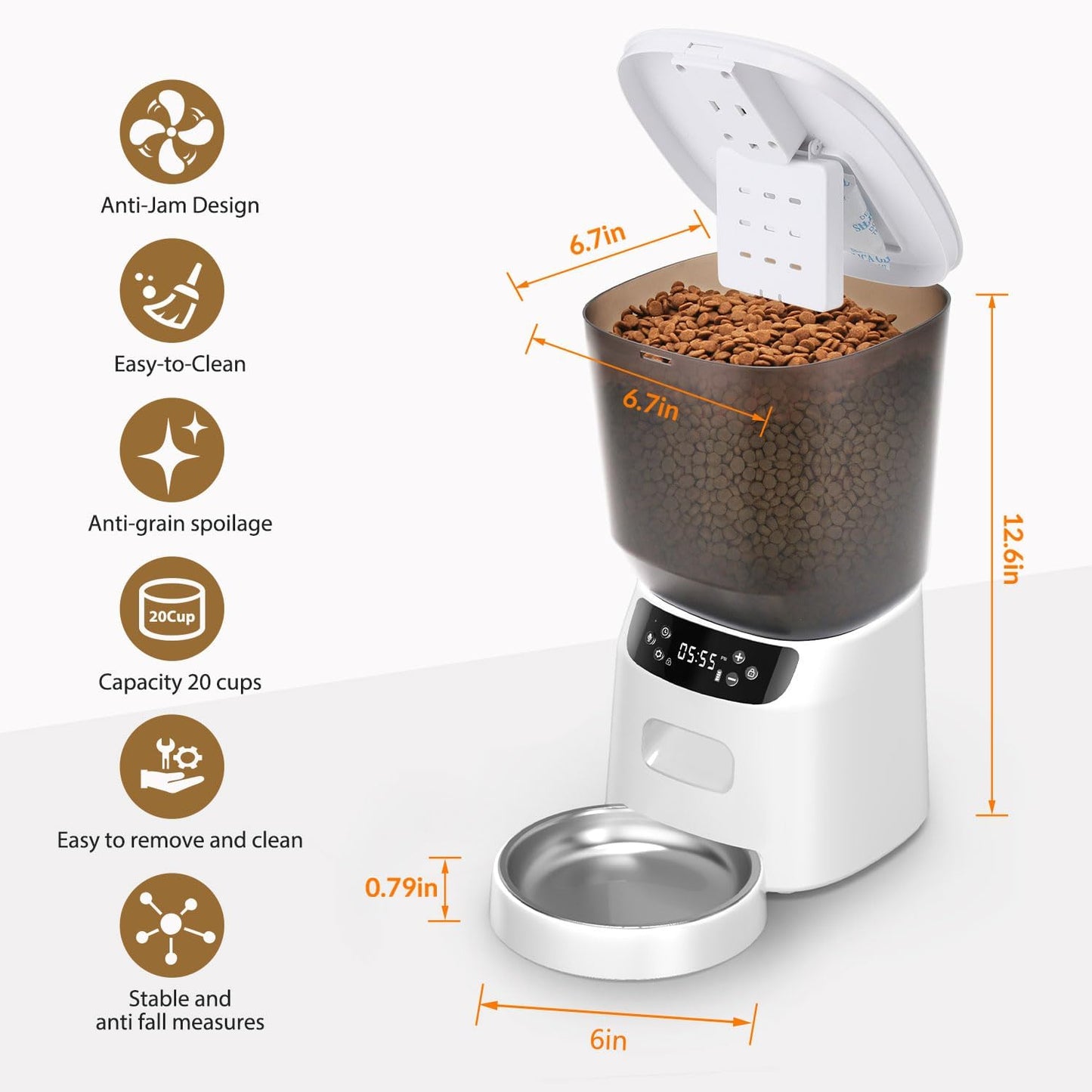 Automatic Cat Feeder, Cat Food Dispenser with Stainless Steel Bowl, Timed Portion Control 20 Portions 6 Meals Per Day, Voice Recorder, Dual Power Supply for Small Dogs (White)