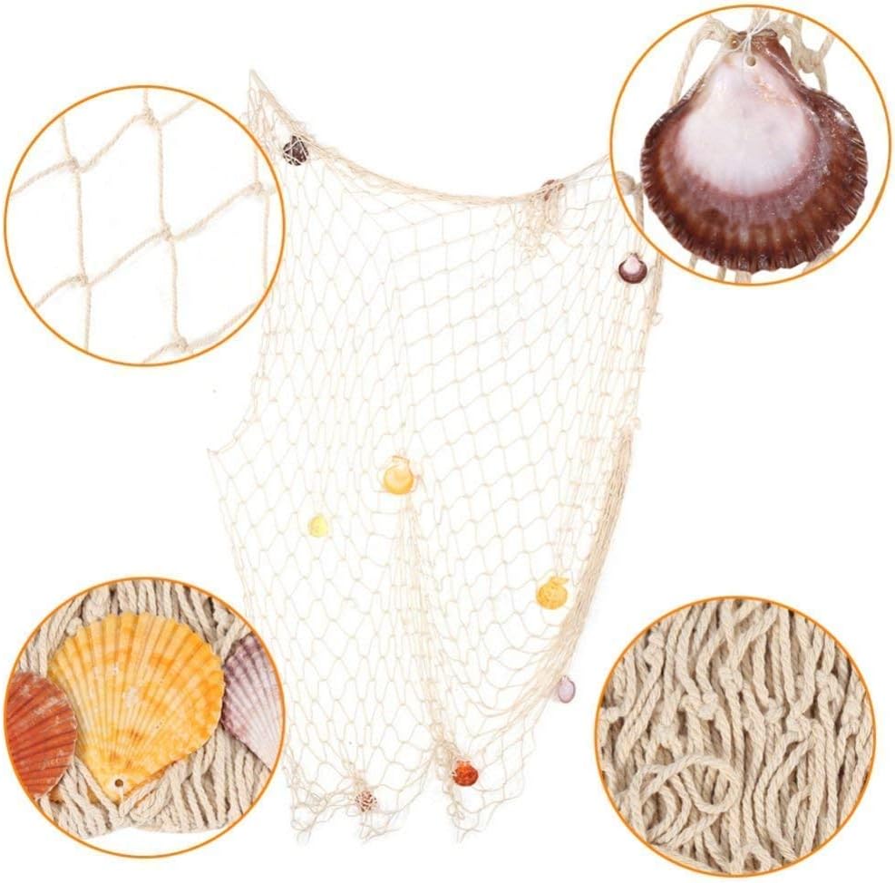 Nature Fish Net Wall Decoration with Shells, Ocean Themed Wall Hangings Fishing Net Party Decor for Pirate Party,Wedding,Photographing Decoration (Fishnet-2pack-Beige)