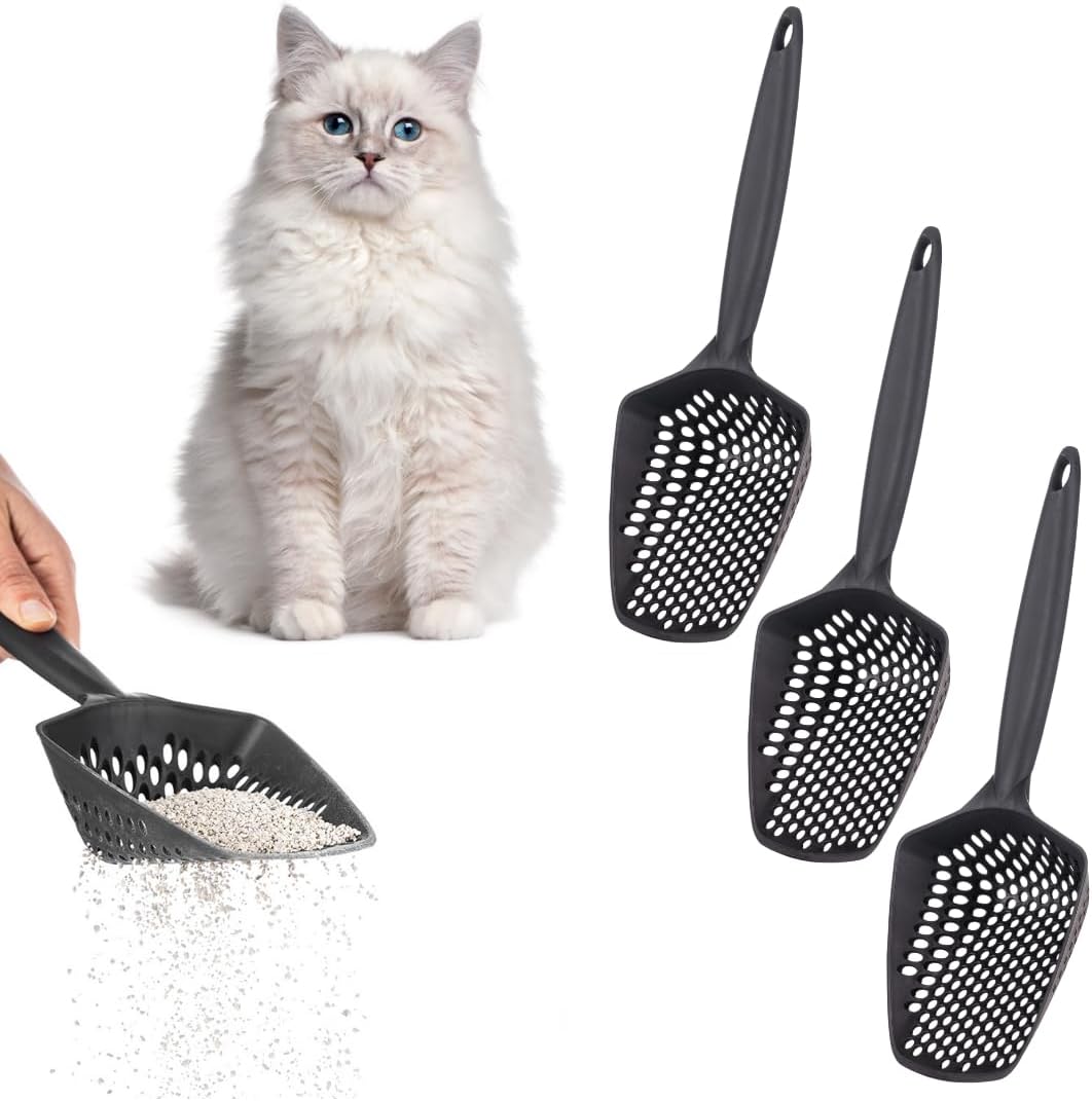 Set of 3 Cat Litter Scoop with Small Holes for Fine Litter, Hanging Handle Deep Reptile Terrarium Sand Sifter, Poop Scooper Rabbit Pooper Lifter Kitten Sifting Shovel (Black, Set of 3)