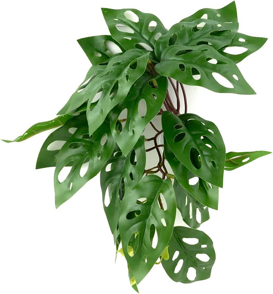 Reptile Plants for Terrarium, Amphibian Habitat Decor Artificial Hanging Plants with Suction Cup - Fake Swiss Cheese Plants Monstera Adansonii