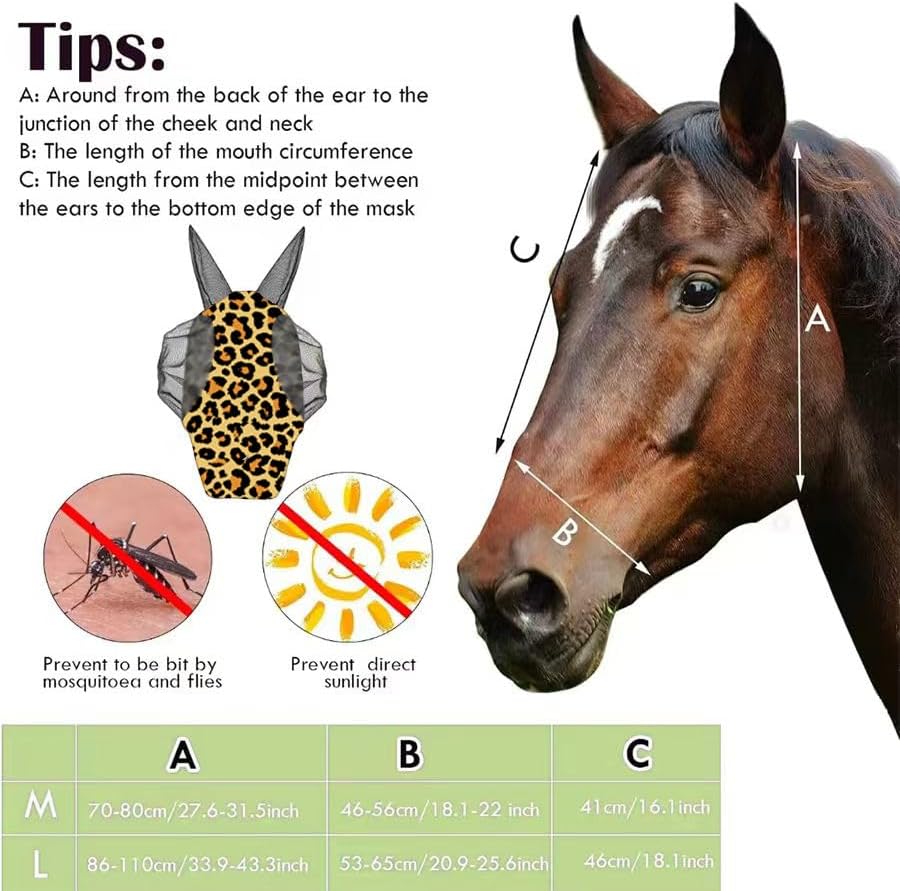 Horse Fly Mask with Ears - Comfort Fit, Durable & Breathable, Easy to on/Off | UV Protection, Large Eye Space, Stretchy Leopard Print (2pcs Medium, Tangle-Free)