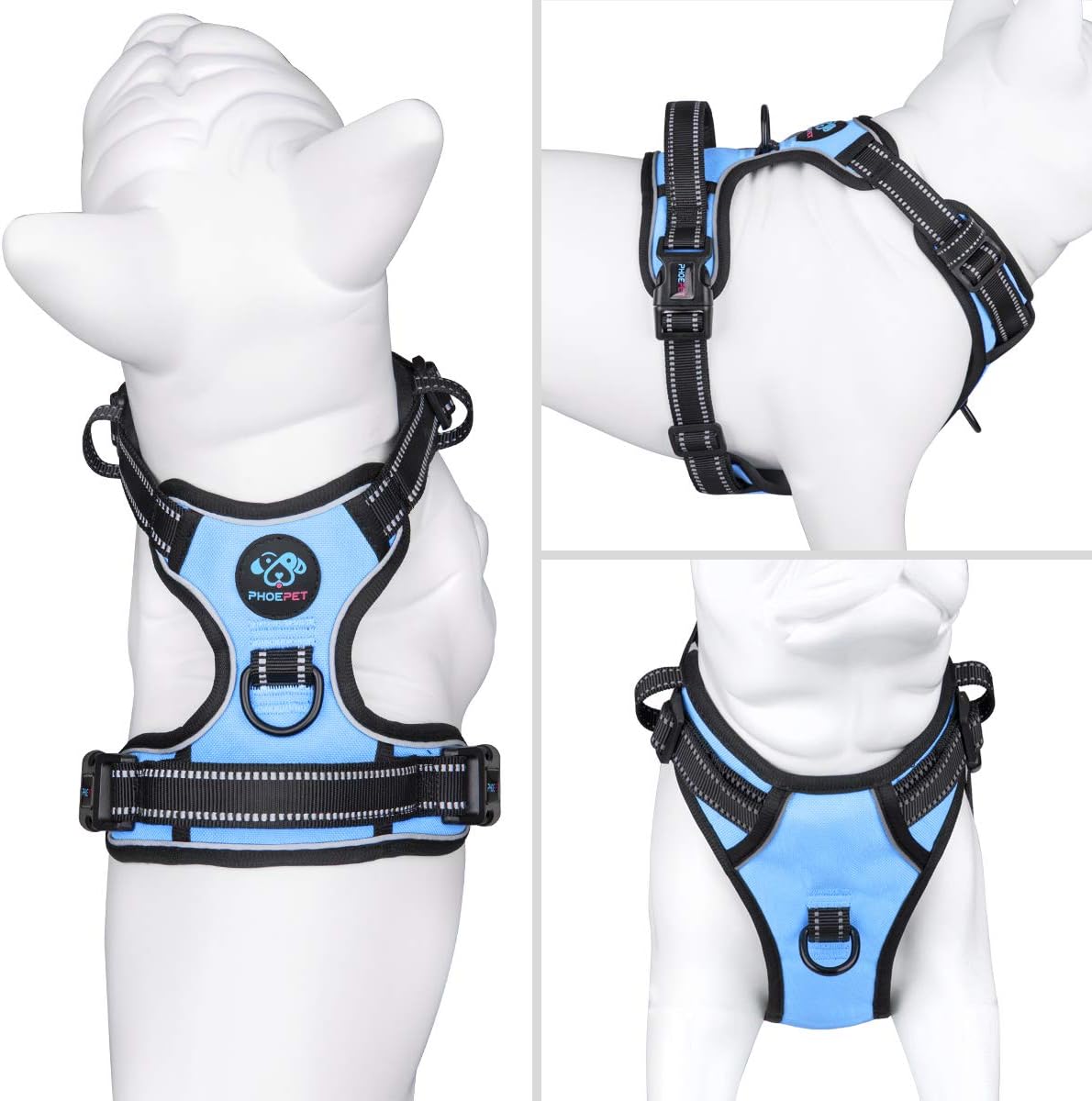 PHOEPET No Pull Dog Harness Reflective Adjustable with 2 Metal Leash Hooks and Soft Training Handle [Over The Head Design](S, Baby Blue)