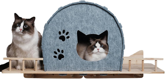 Wall Mounted Felt Cat Bed – Modern Cats Shelf with Wooden Base & 4 Holders, Space-Saving Cat Perch for Indoor Cats, Minimalist Wall Cat Furniture for Resting & Lounging,Gray