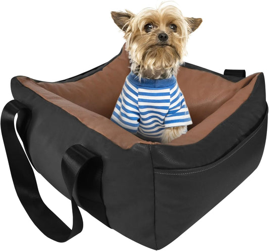 Dog Car Seat for Small Dogs, Large Leather Dog Car Bed with Storage Pocket, Waterproof PVC Leather Booster Seat Travel Bed for Front & Back Seat, Clip-On Safety Leash (Black/Brown)