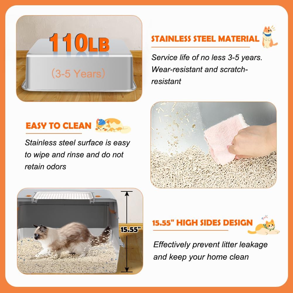 Vivifying Stainless Steel Litter Box with Lid, XL Side Entry Extra Large Litter Box for Big Cats & Kitty, Removable Enclosed Metal Cat Pan with High Sided Enclosure, Scoop, Mat, Footboard (Gray)