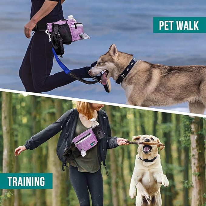 PetAmi Dog Fanny Pack, Treat Pouch for Dog Walking, Training, Built in Poop Bag Dispenser, Water Bottle Holder, Collapsible Bowl, Pet Treat Waist Belt for Hiking, Running, Kibbles (Purple)