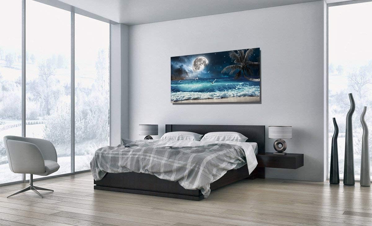 Yxbhhym large Moon Ocean Wall Art Seascape Painting Sea Pictures Canvas Wave Blue Beach Artwork for Wall Landscape Poster Prints Palm Wall Decor Bedroom Living Room Decor Framed-24x48inches
