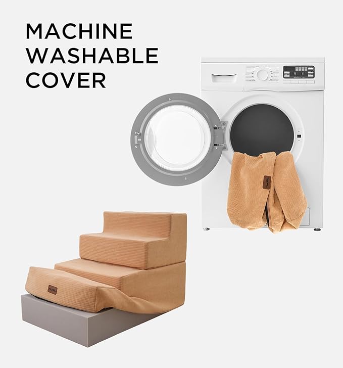 Made4Pets Dog Steps for Bed, Extra Wide Dog Stairs for High Bed Couch Sofa, 35D Foam Pet Steps for Small Dogs and Cats, Non-Slip Bottom Pet Stairs, Tan, 4 Steps