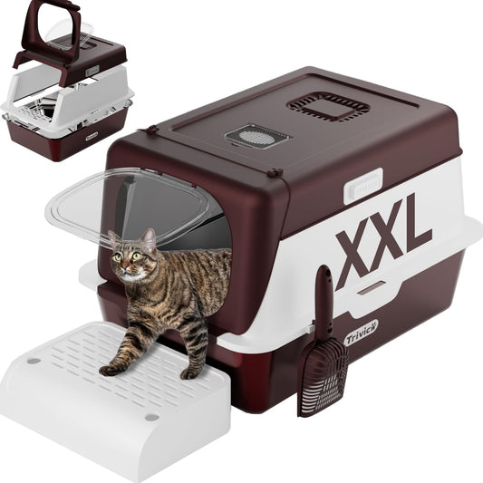 XX-Large Stainless Steel Cat Litter Box with Lid – Fully Enclosed Large Litter Box for Big Cats, Odor Control with Magnetic Door, Easy Clean, Multi-Cat Durable Metal Pan (Burgundy)