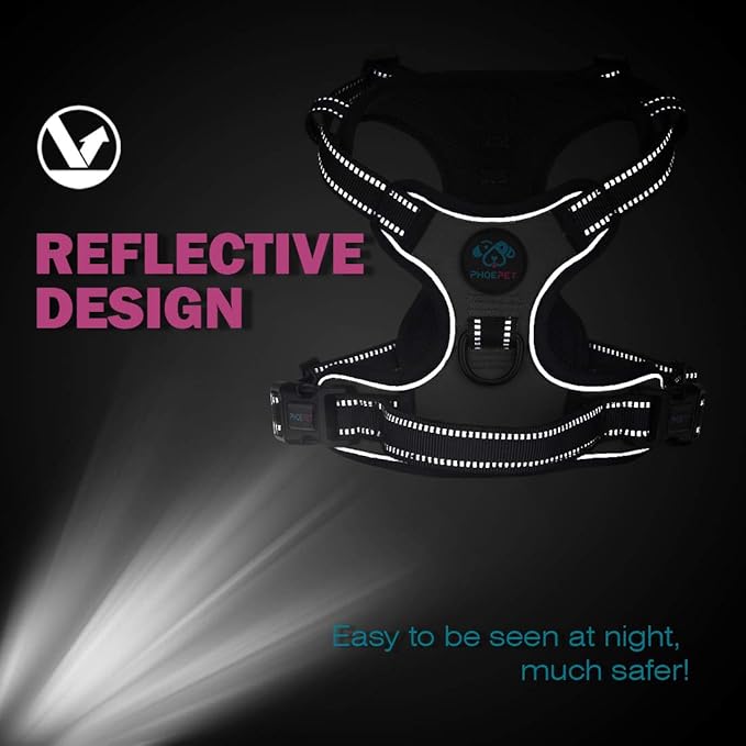 PHOEPET Reflective Dog Harness No Pull Large Breed Vest with 2 Metal Leash Attachment Hooks(XL, Pink)