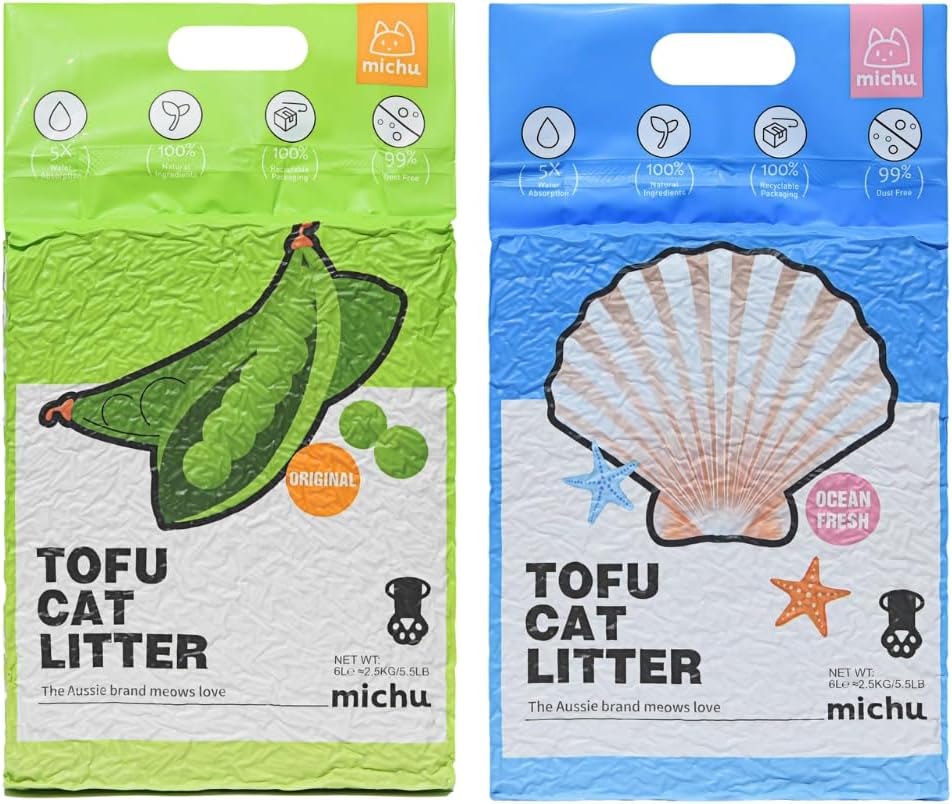 Tofu Cat Litter Natural Clumping Tofu Cat Litter, Fast Clumping and Easily Scoop-able 5.5lb/88oz 5 Scents - Original + Ocean Fresh, 2 Pack