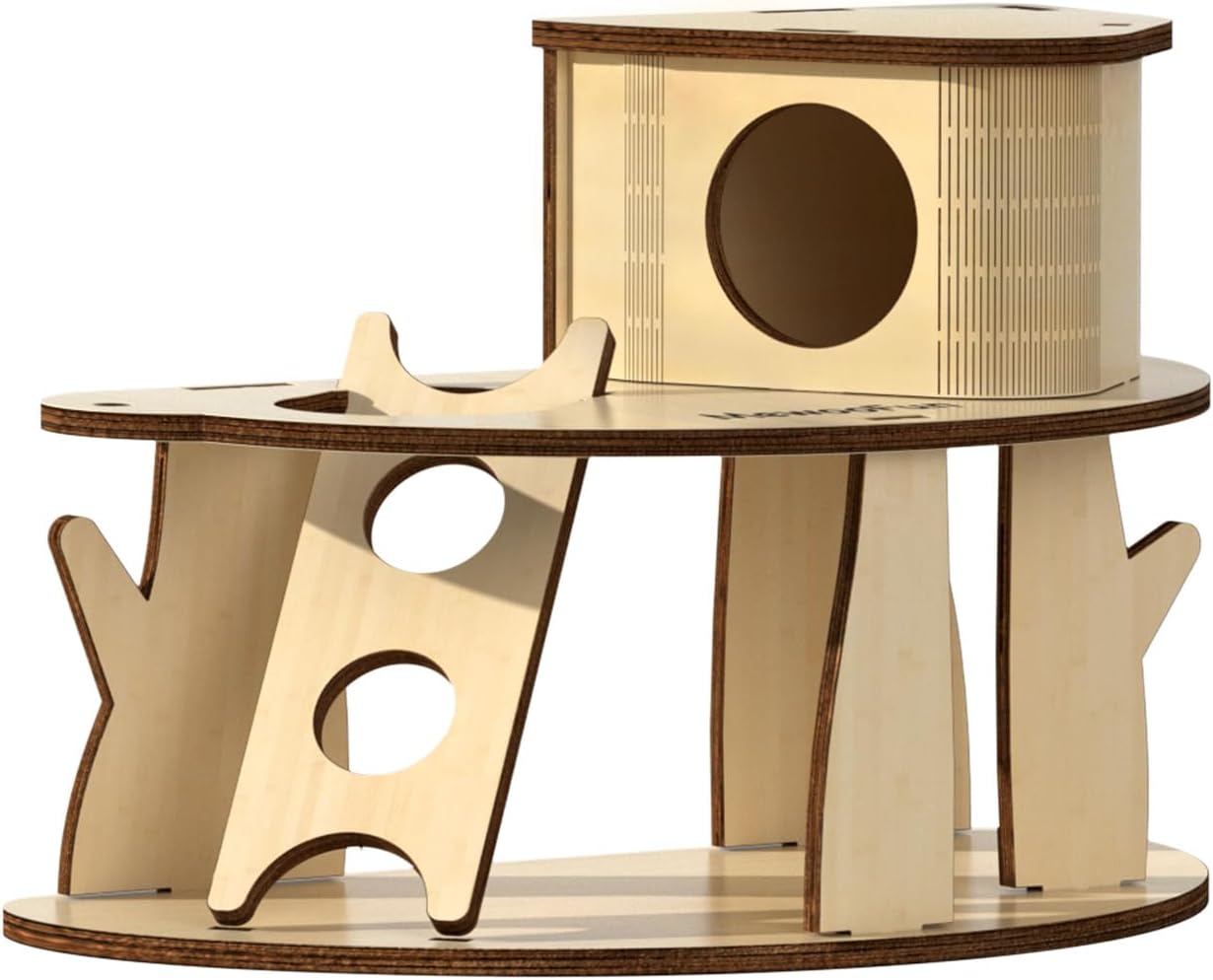 Wooden Hamster House with Ladder, 2-Tier Tree House Design Hamster Hideout Cage Accessories for Dwarf Gerbil Mouse