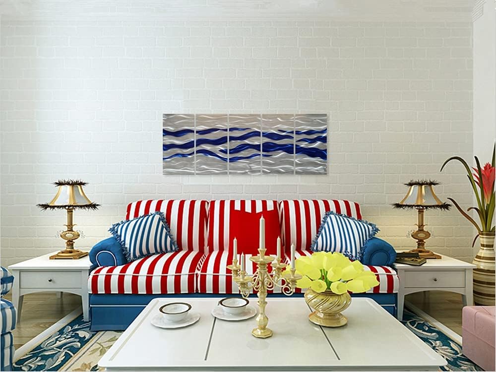 SYGALLERIER Abstract Coastal Metal Wall Art Handcrafted Big 3D Blue and Silver Artwork Modern Sea Waves Pictures Contemporary Sculpture for Living Room Bedroom Bathroom Decor