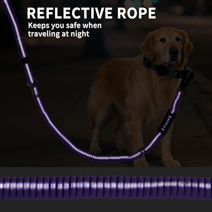 Heavy Duty Bungee Dog Leashes, 4-6FT Shock Absorbing Tactical Dog Leash with 2 Padded Handles, Metal Carabiner Clip,Car Seatbelt, Reflective Dog Leash for Medium Large Dogs (Purple)