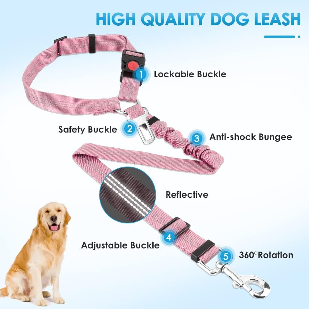 SlowTon Dog Seat Belt for Car, 2 Pack Dog Car Harness Seatbelt Adjustable with Elastic Bungee Buffer, 2 in 1 Pet Car Leash Headrest Restraint Dog Reflective Safety Tether (Pink, Headrest+Clip)