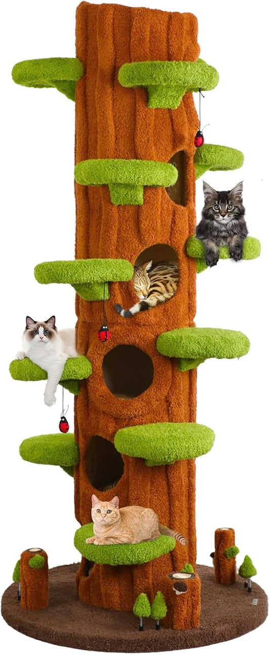 Extra Large Cat Tree Tower,90.55" Tall Forest Theme Cat Condo for Indoor Cats,Multi-Level Luxury Huge Cat Condo with Scratching Mats,Removable Mats,Heavy Duty House with Toys for Multi-Cat Household