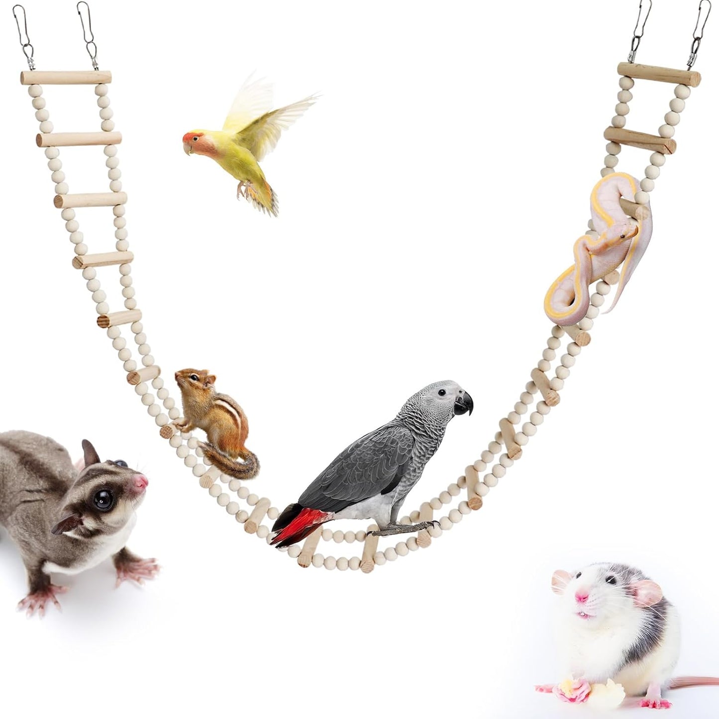 Long Bird Ladder with Wooden Rungs and Beads, Parakeet Climbing Swing Toys, Bird Cage Accessories, Wooden Climbing Bridge Toys for Parrots, Rat, Sugar Gliders, Squirrels, Snakes